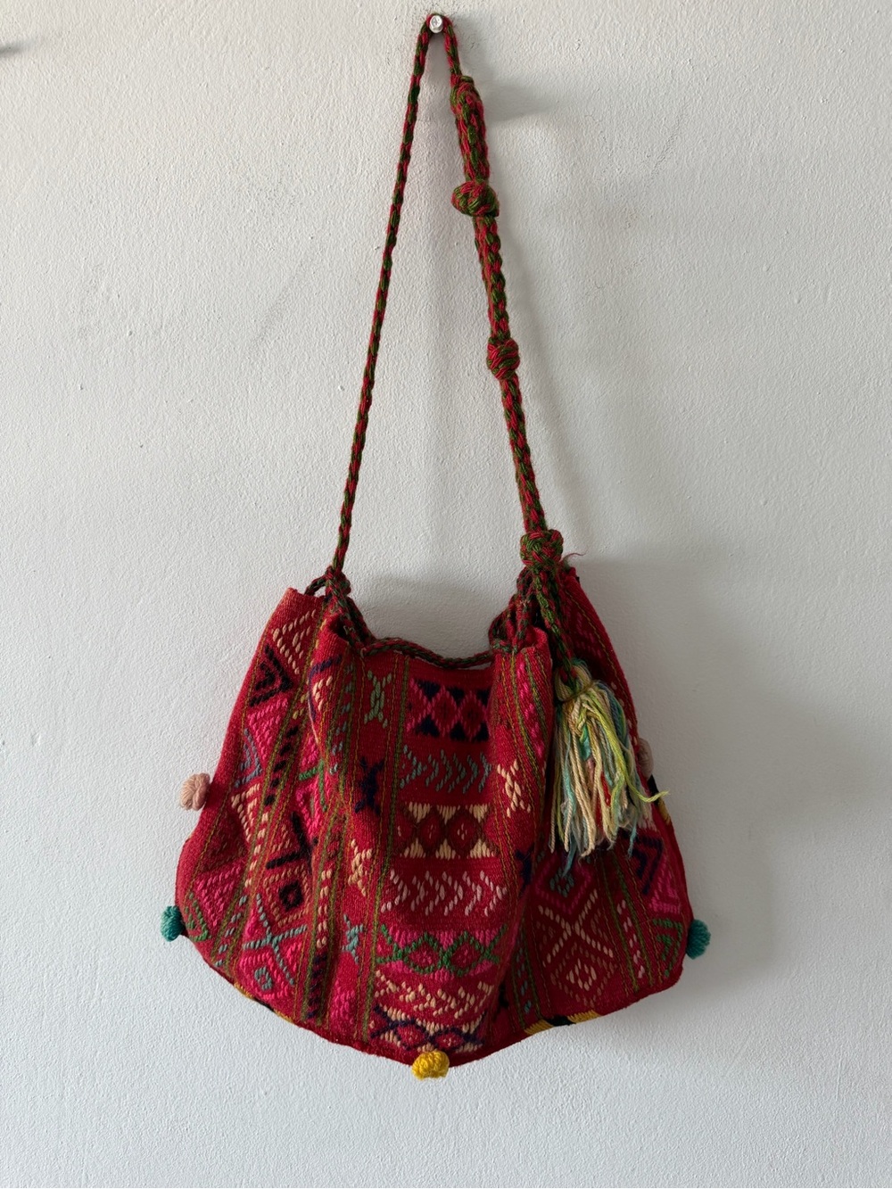 Handwoven Red Shoulder Bag with Multicolor Tassel
